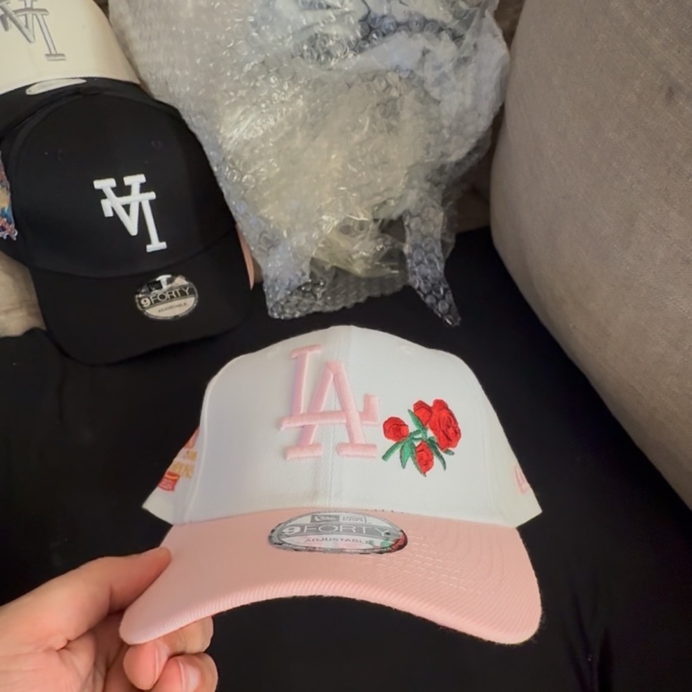 Kids LA Embroidered Cap - Pink and White